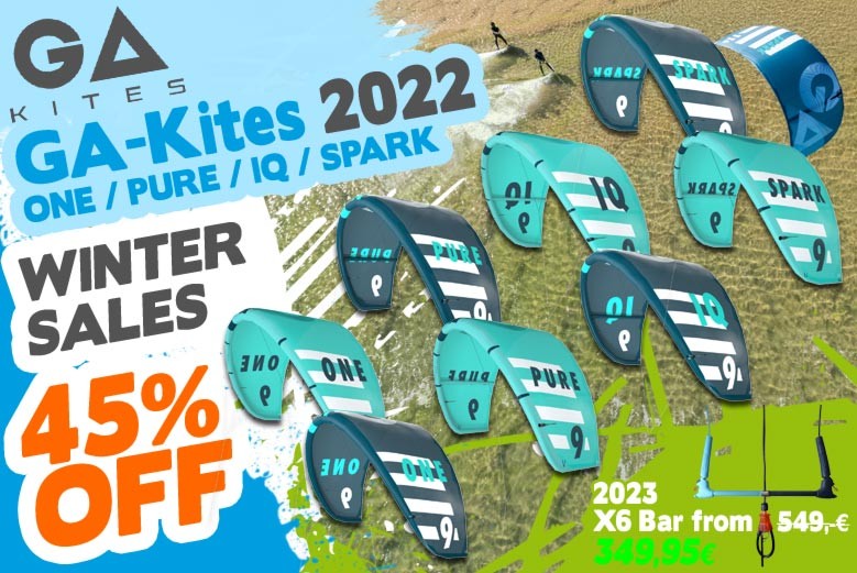 All GA Kites Gaastra 2022 are now on sale. The Gaastra One, IQ, Pure and Spark 2022 kites are now 45% off at Coronation berlin.